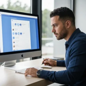 אבטחת Business Manager פייסבוק על ידי אדם יושב ליד מחשב עם מסך מודעות מטופל, כסימן להגנה על נכסים דיגיטליים