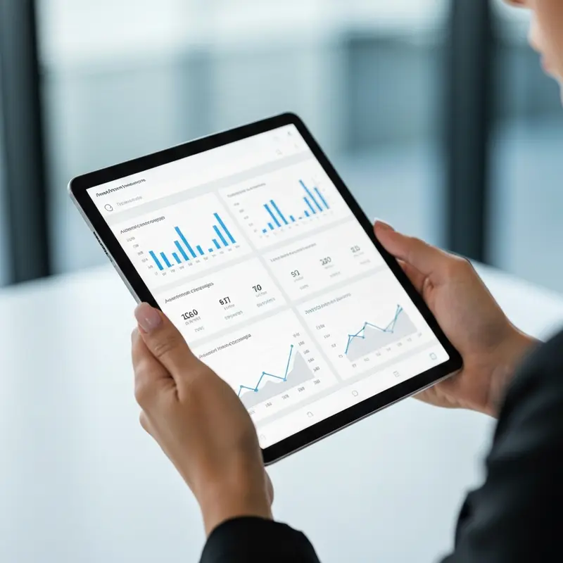 אישה ישראלית בודקת דוחות אוטומציה Google Ads על טאבלט