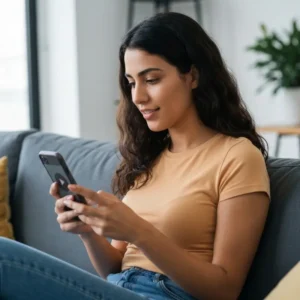 אישה ישראלית גוללת בפיד ברשת חברתית עם Hook וידאו שיווקי