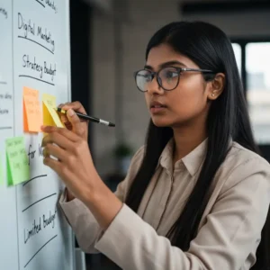 אישה ישראלית מתכננת אסטרטגיית שיווק דיגיטלי תקציב מוגבל