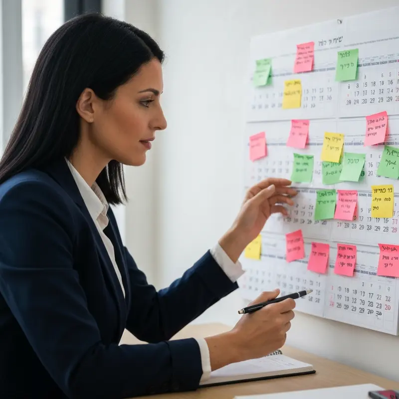 אישה ישראלית מתכננת אסטרטגיית Seasonal Marketing ישראל עם לוח שנה