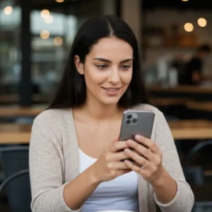 אישה ישראלית מתפעלת ממודעות וידאו פייסבוק על הסמארטפון שלה