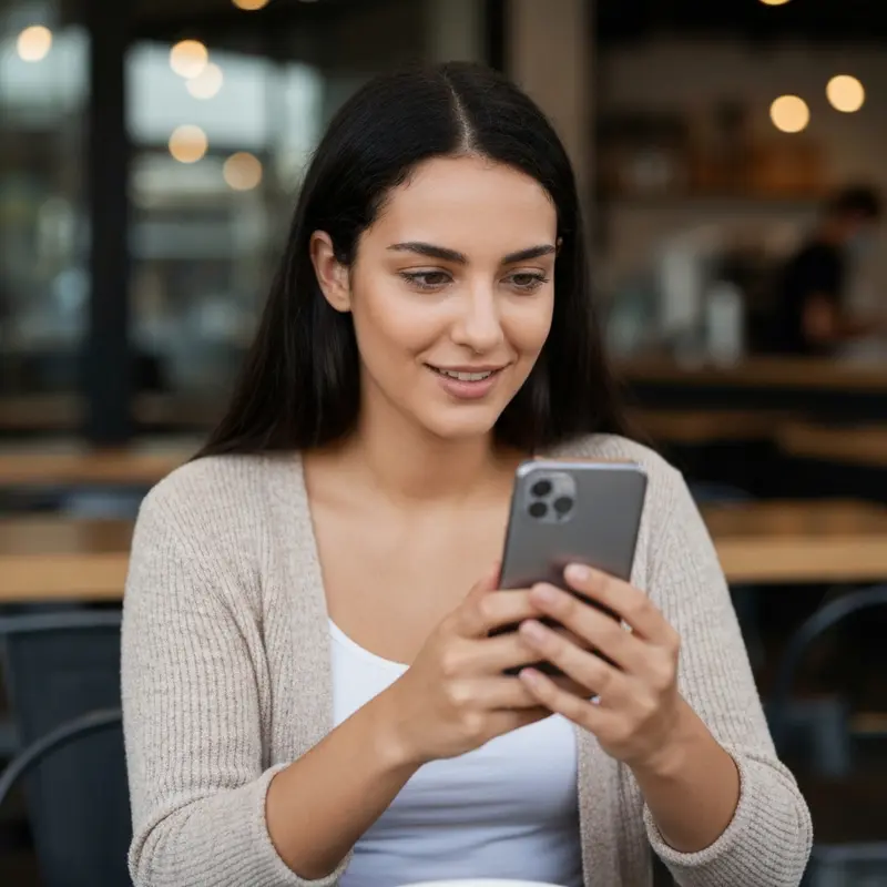 אישה ישראלית מתפעלת ממודעות וידאו פייסבוק על הסמארטפון שלה