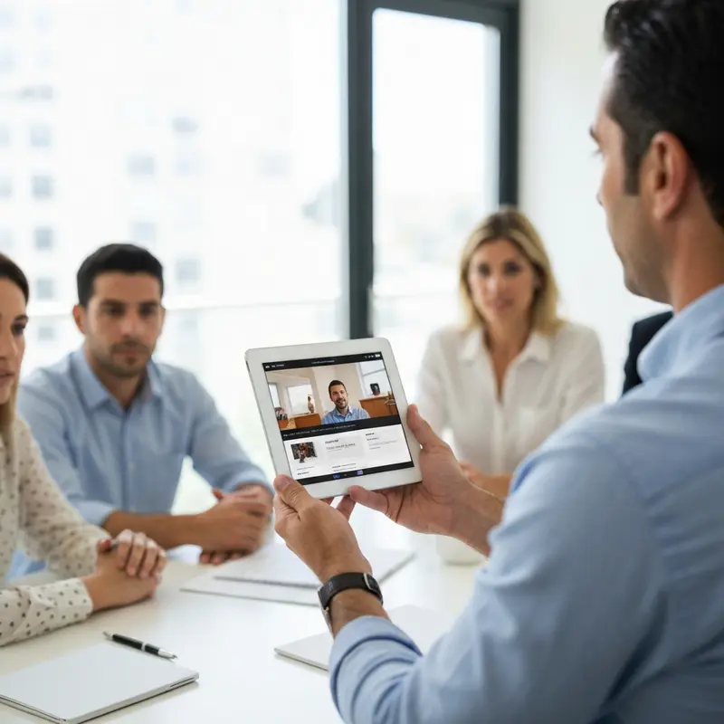 אישה מראה סרטון Storytelling שיווקי בפגישה.