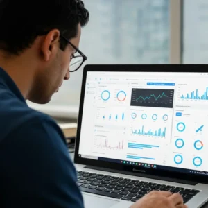 איש עסקים ישראלי מנתח Looker Studio דוחות במחשב