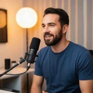 איש עסקים ישראלי מקליט Podcast שיווקי עסק