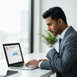 איש עסקים ישראלי עובד על Google Tag Manager עסקים