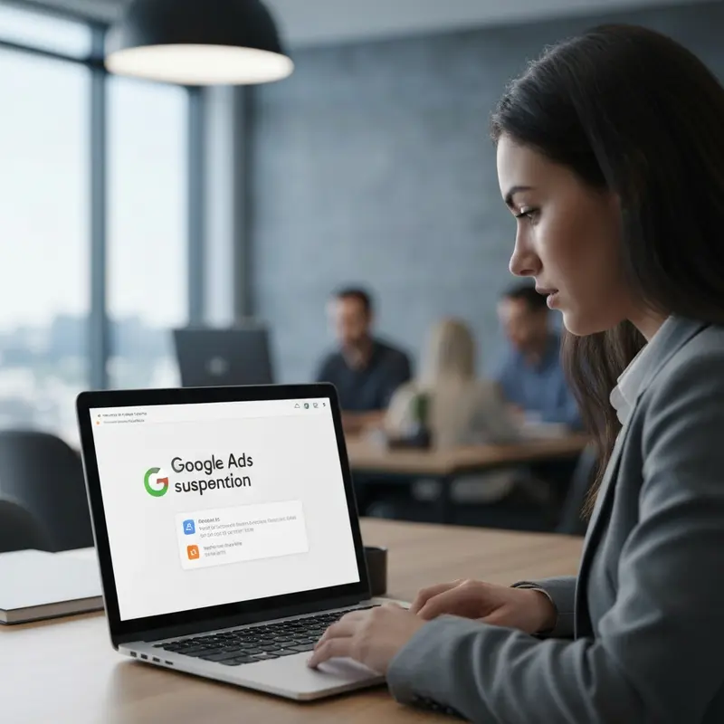 אשת עסקים מודאגת מול מחשב עם התראה על Google Ads חשבון מושבת