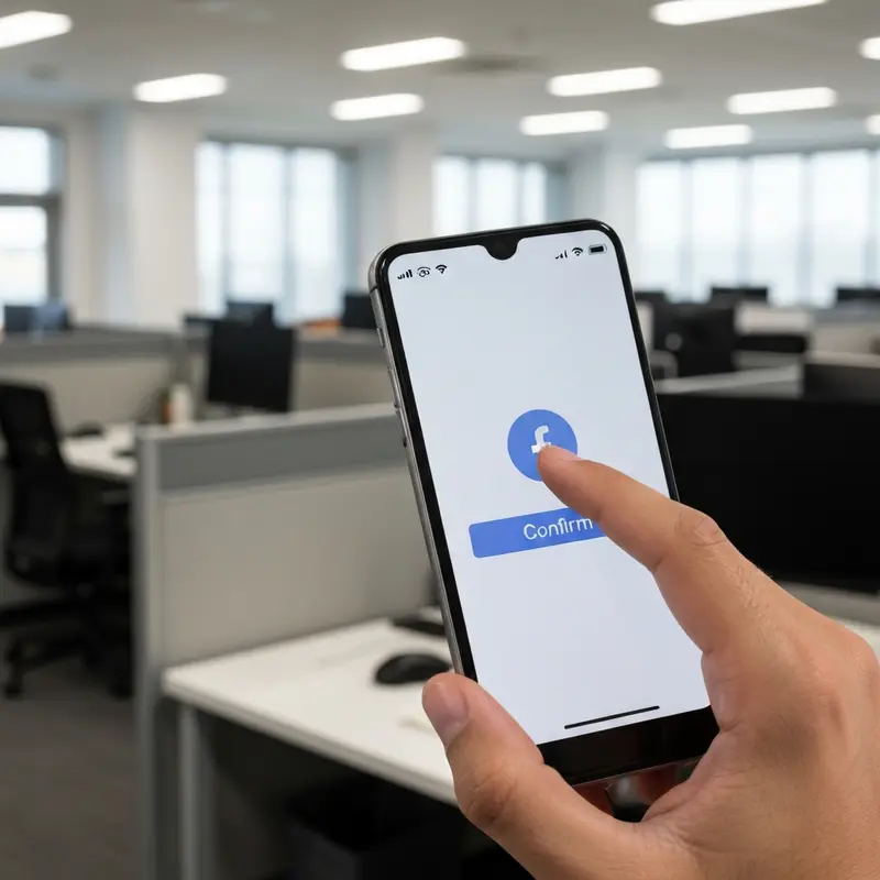 יד לוחצת על כפתור אימות דו-שלבי בטלפון, הגנה מפישינג בפייסבוק