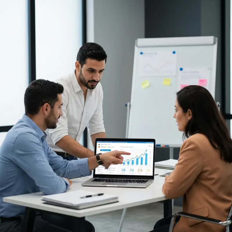 יועץ שיווקי מסביר פרסום בגוגל לעסקים קטנים על מסך מחשב.