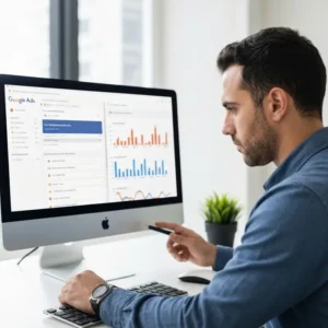 מומחה שיווק ישראלי מפעיל Performance Max קמפיין במחשב