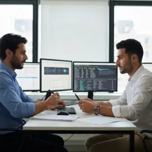 מנהלי שיווק מנתחים נתוני CPL פייסבוק ממוצע על מסכים במשרד