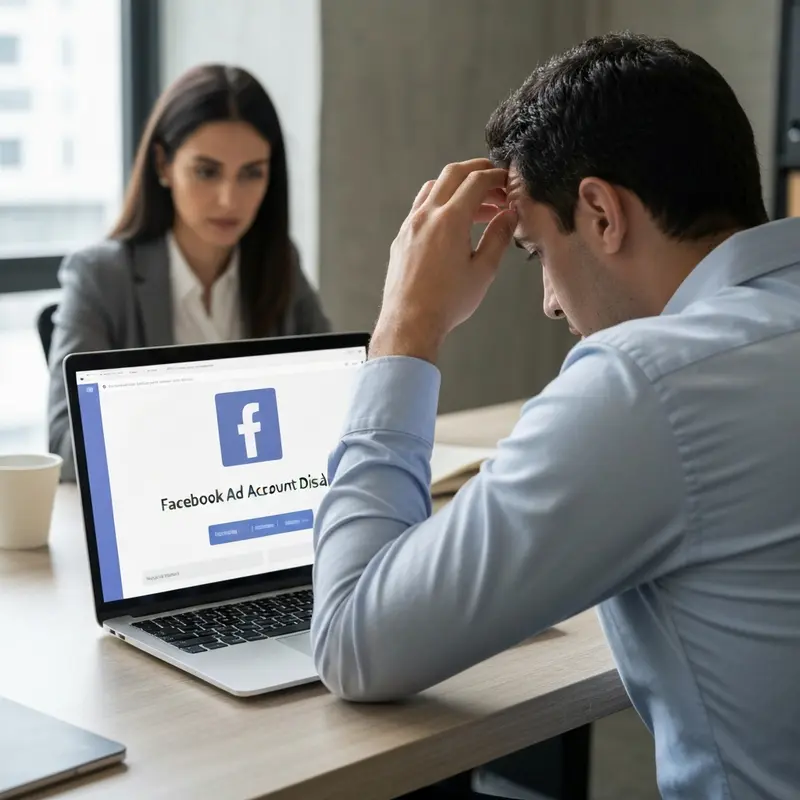 מנהל שיווק מתוסכל מול חשבון מודעות פייסבוק מושבת