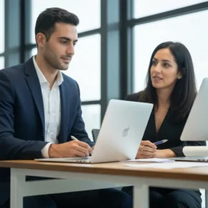 צוות משרדי מנהל לידים וואטסאפ על מסכים מרובים.