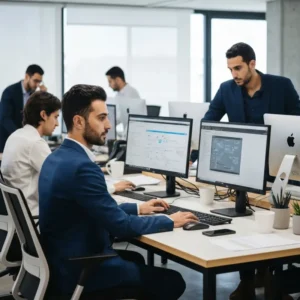 צוות עובד על Make.com אוטומציה עסקים במשרד מודרני