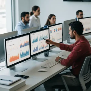 צוות שיווק דיגיטלי מנתח ביצועי Instagram Reels עסקים על מסכים