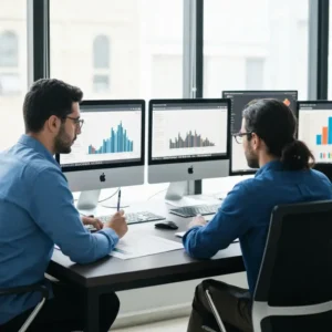 צוות שיווק מנתח נתוני Topical Authority SEO במשרד מודרני