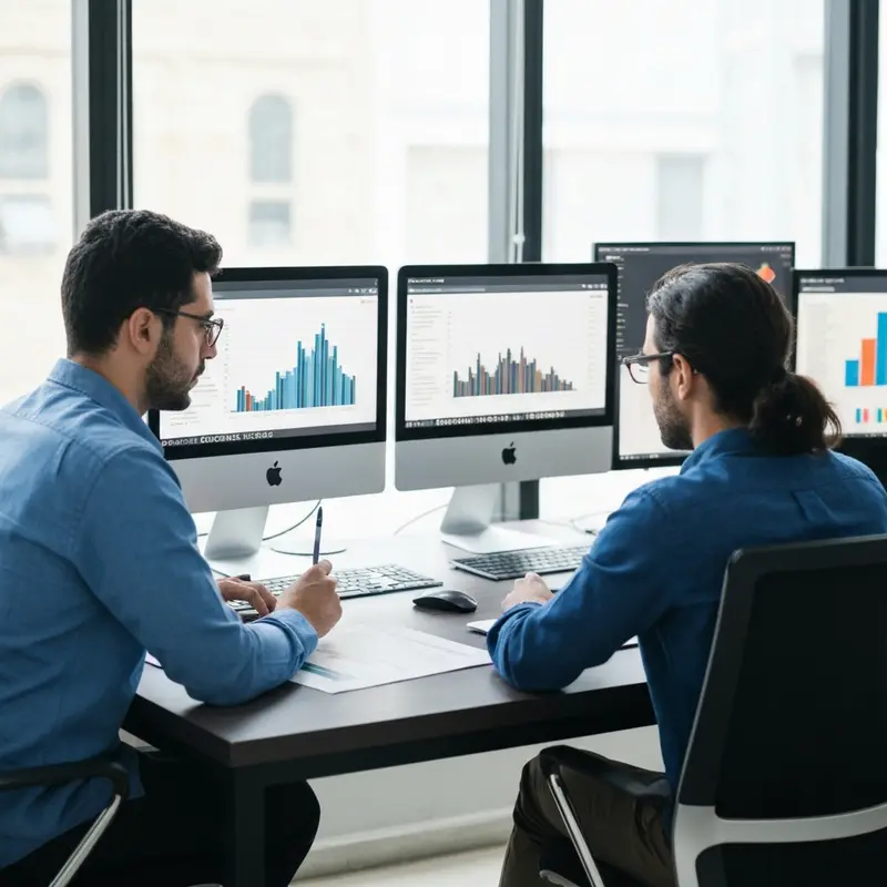 צוות שיווק מנתח נתוני Topical Authority SEO במשרד מודרני