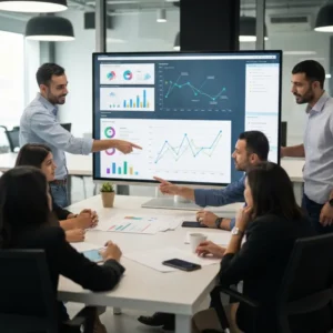 צוות שיווק מנתח Hashtag אסטרטגיה 2026 על מסכים