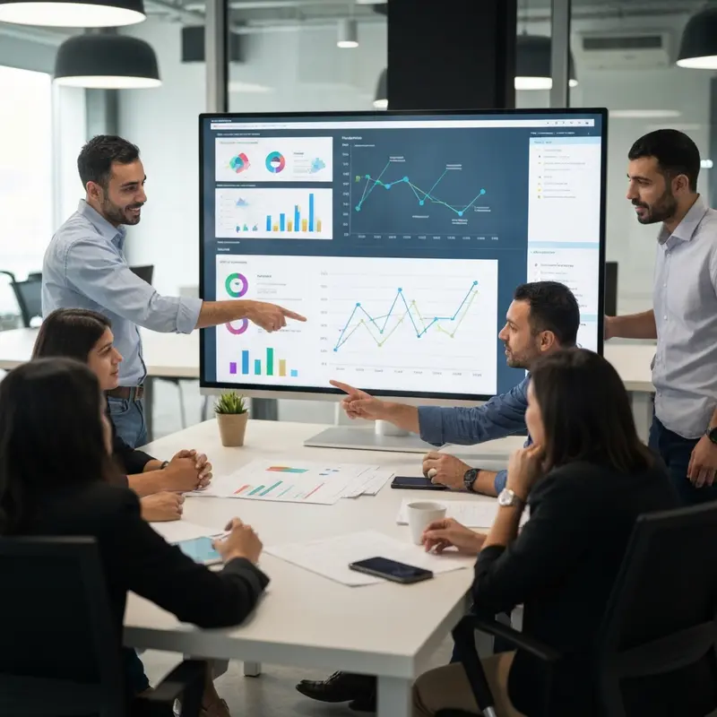 צוות שיווק מנתח Hashtag אסטרטגיה 2026 על מסכים