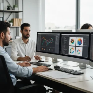 צוות שיווק מנתח Trust Signals בדף נחיתה במשרד הייטק