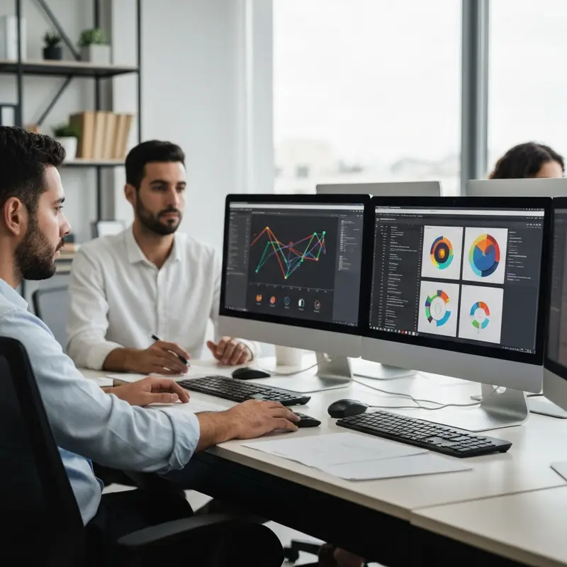 צוות שיווק מנתח Trust Signals בדף נחיתה במשרד הייטק