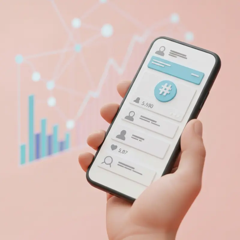 קלוז-אפ על סמארטפון עם Hashtags ונתונים