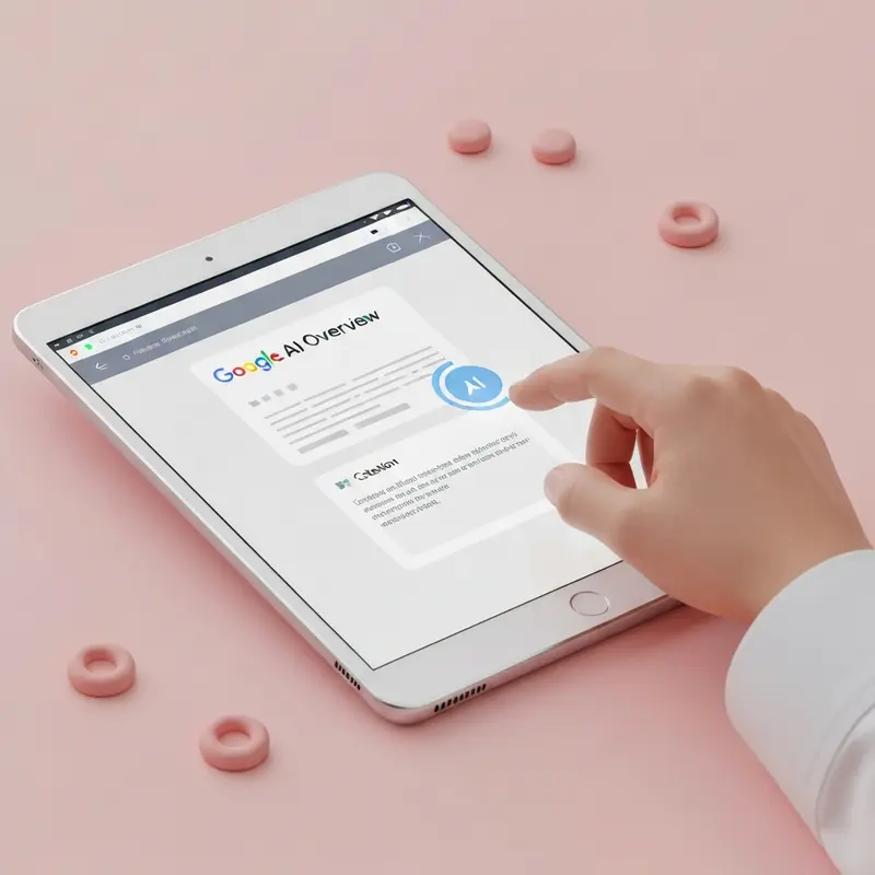 תקריב על טאבלט מציג תוצאות חיפוש AI Overview.