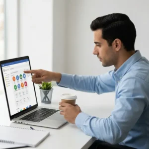 איש עסקים ישראלי מפעיל אוטומציה Google Ads בלפטופ