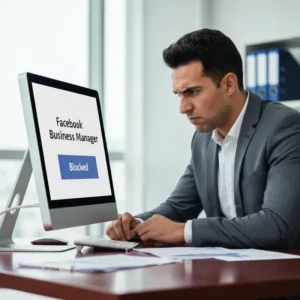 איש עסקים ישראלי מתוסכל מול מסך מחשב עם הודעה על Business Manager חסום פייסבוק