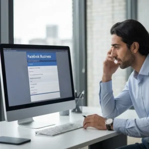 איש עסקים משחזר חשבון פייסבוק עסקי על מסך מחשב.