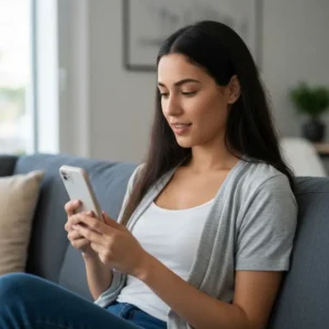 אישה ישראלית גוללת בפיד ברשת חברתית עם Hook וידאו שיווקי