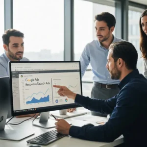 אנשי שיווק בודקים ביצועי Responsive Search Ads במשרד טכנולוגי.