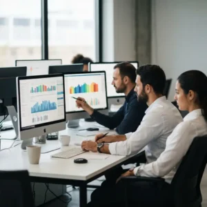 מומחי שיווק דיגיטלי בודקים ביצועי Creative Testing פייסבוק על מסכי מחשב.