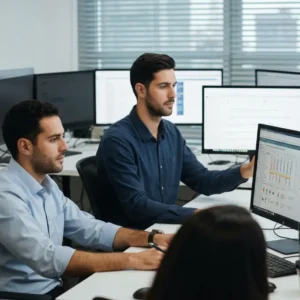 צוות שיווק דיגיטלי מנתח Quality Score גוגל על מסכים