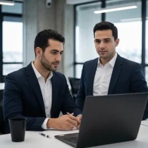 צוות שיווק מנתח אסטרטגיית Pillar Pages SEO על מסכים.