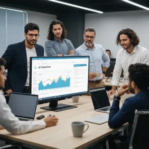 צוות שיווק מנתח את ה-AI Overview גוגל וביצועי אתר.