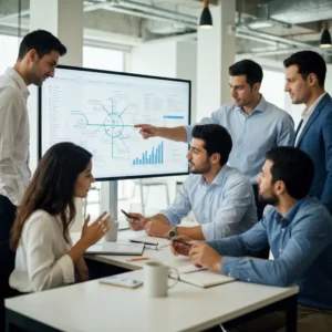 צוות שיווק מנתח מפת Customer Journey Mapping על לוח דיגיטלי במשרד מודרני.