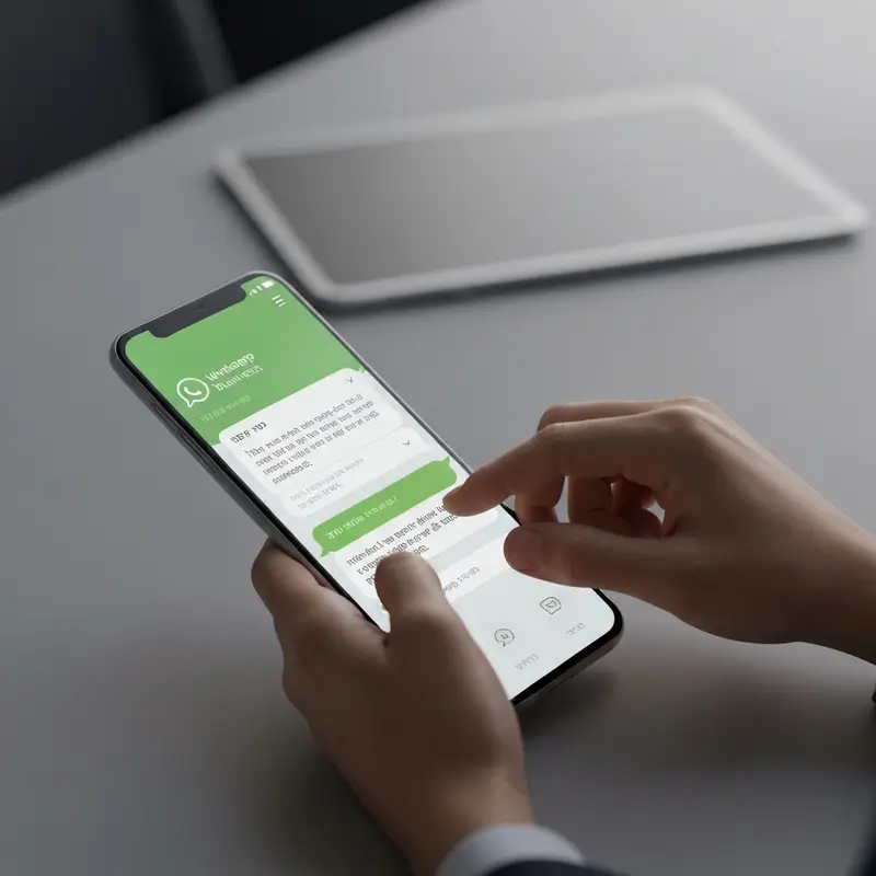 תקריב על ידיים המקלידות הודעת וואטסאפ עסקית.