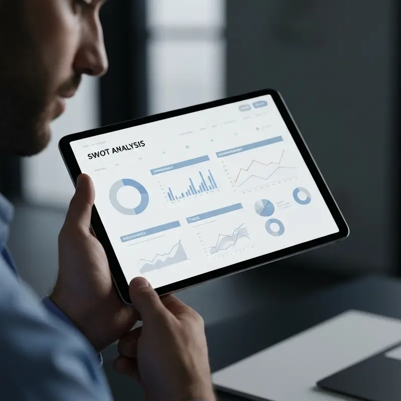 איש עסקים בוחן נתוני SWOT דיגיטלי