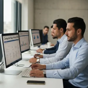 אנשי שיווק מנתחים נתוני Competitor Gap Analysis SEO על מסכים במשרד
