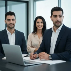 אנשי שיווק מנתחים נתוני Google Ads נדלן במשרד מודרני.