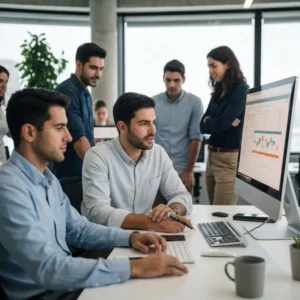 מומחה SEO מבצע מחקר מילות מפתח עברית במשרד מודרני