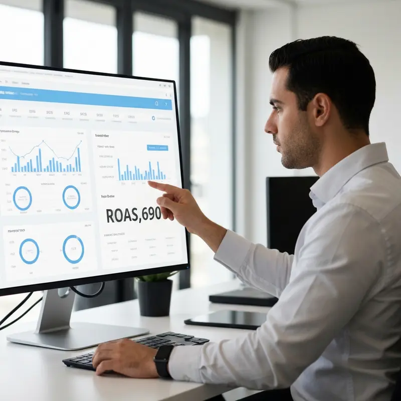 מנהל שיווק מנתח ROAS מחשבון ממוצע במסך גדול במשרד הייטק