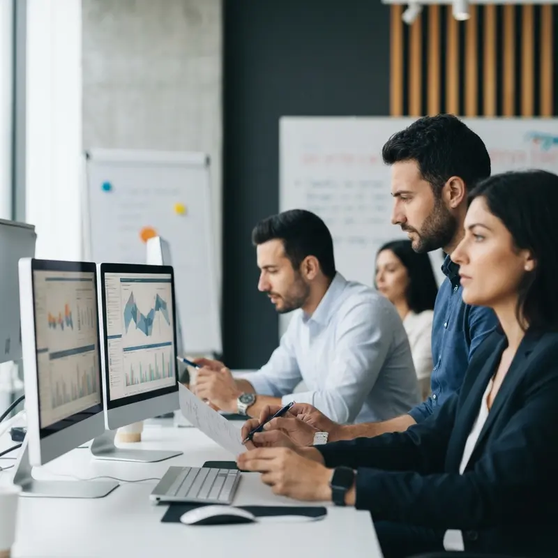 צוות אנשי שיווק דיגיטלי מנתח נתוני שיווק משפיענים ישראל על מסכים.