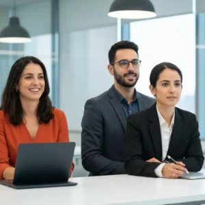 צוות עובדים מנתח נתונים של Chatbot לאתר עסקי במשרד מודרני.