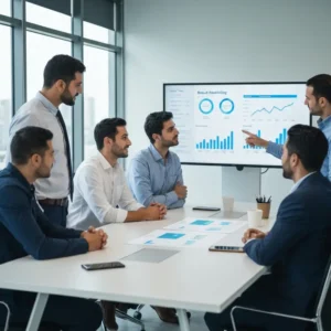 צוות שיווק דיגיטלי דן באסטרטגיית Brand Positioning ישראל במשרד מודרני.