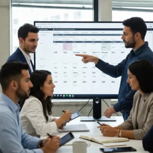 צוות שיווק ישראלי מתכנן Content Calendar שיווק במשרד מודרני