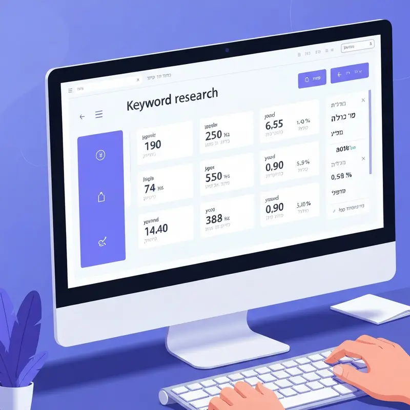 תקריב על מסך מחשב עם נתוני מחקר מילות מפתח