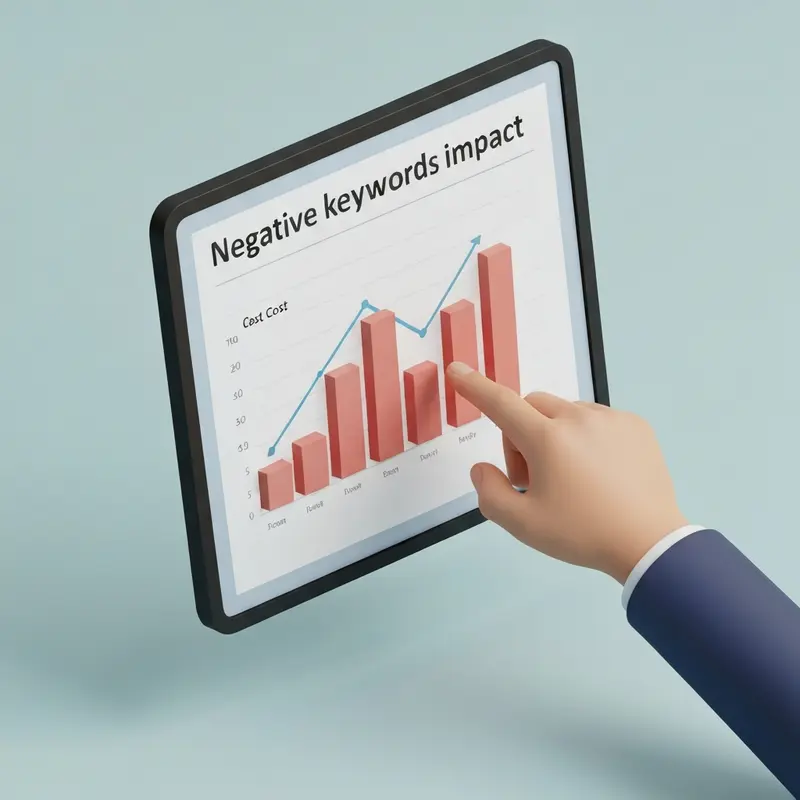 תקריב על מסך עם גרף חיסכון ממילות מפתח שליליות